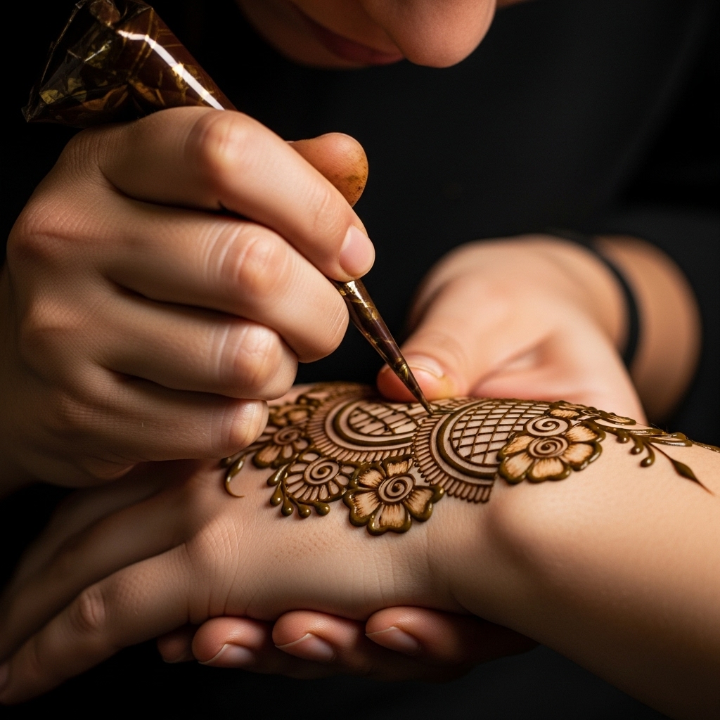 A professional henna artist carefully applying intricate patterns onto a hand using a traditional henna cone.